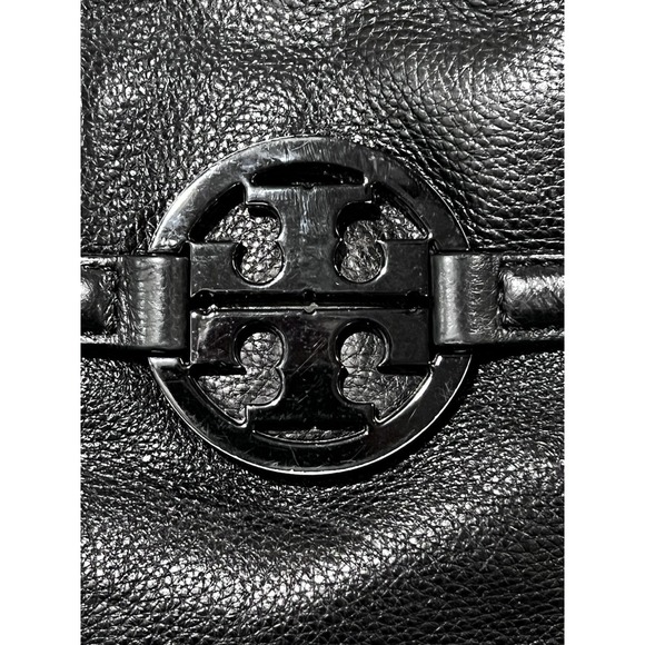 Tory Burch Purse Black Pebble Leather Hand Bag Tote Brass Hardware Authentic - Picture 2 of 10